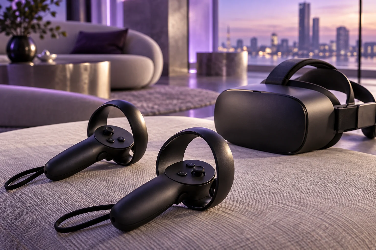 Kontrolery VR obok gogli na jasnej tkaninie Kontrolery VR obok gogli na jasnej tkaninie